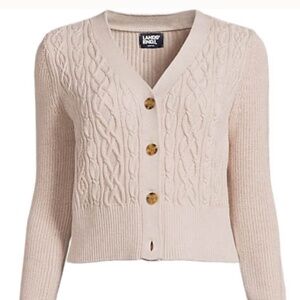 LANDS END Cotton Relaxed Cable SWEATER Size LARGE New Cardigan
